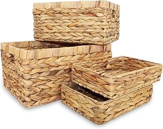Wicker Storage Baskets, Water Hyacinth Woven baskets for Organizing, Bathroom Living Room Baskets with Handle for Shelves, Large Middle and Small Baskets, Set of 4