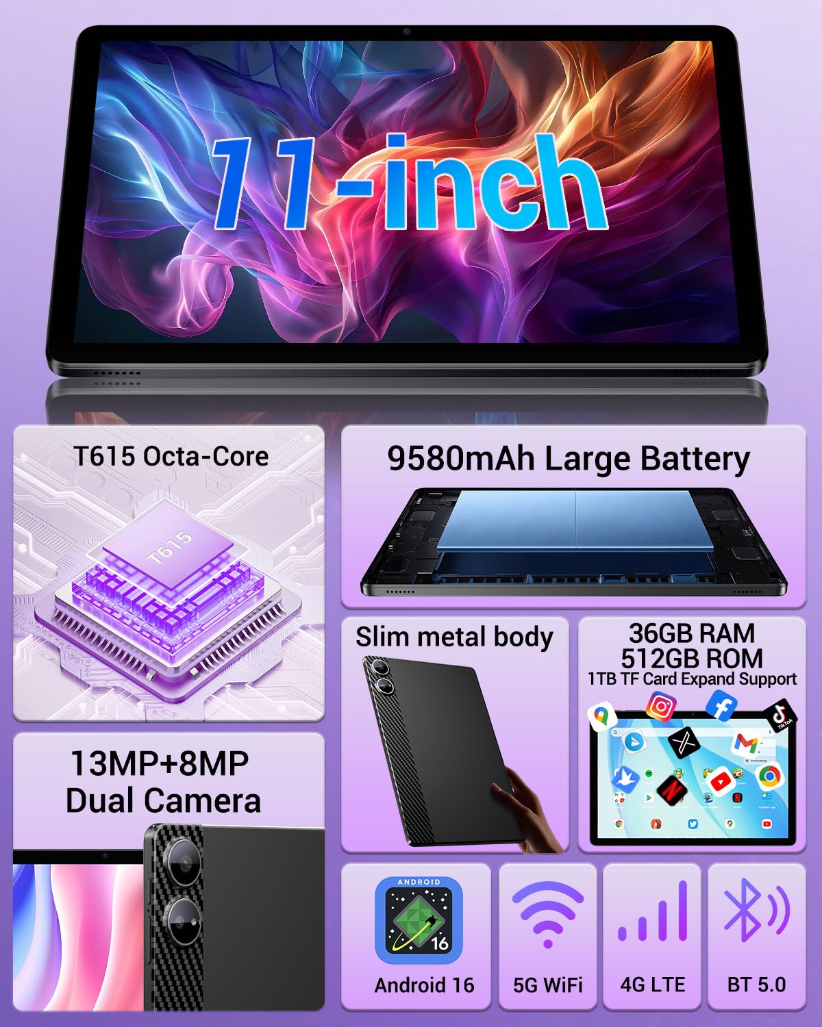 LORDWIT Android 16 Tablet 11 Zoll, 36GB RAM 512GB ROM/1TB TF, Dual SIM 4G LTE Tablet mit Tastatur, 90Hz HD IPS Display, Octa Core, Widevine L1,WLAN, GPS, Tablets mit Hülle/Kopfhörer/Touch-Stift/Maus - 3