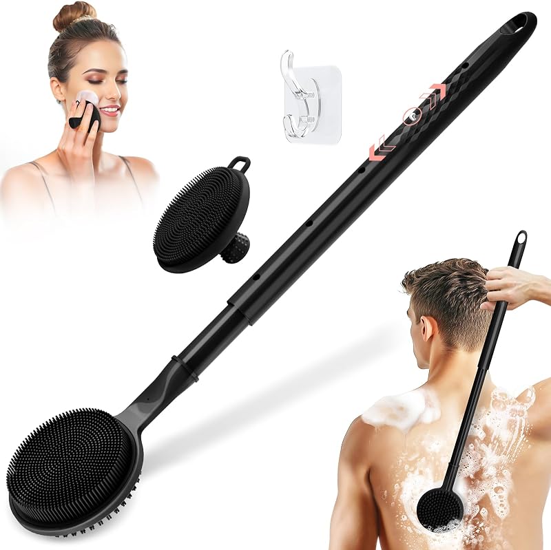 Conjunto GEENOA de escovas de silicone para costas e rosto com cabo ajustável de 40,64 cm a 60,96 cm, preto, 3 peças