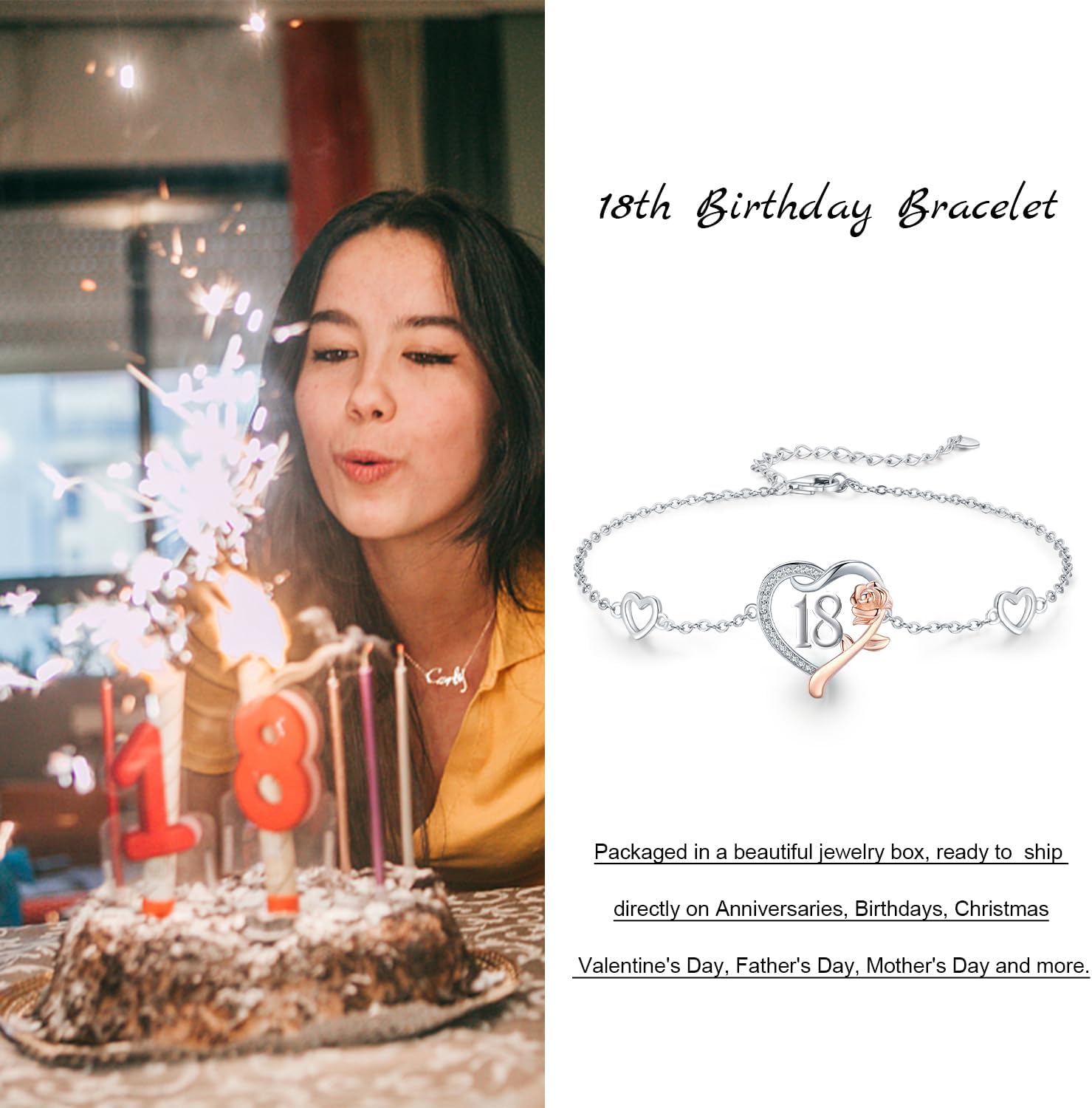 13th/15th/16th/18th/21st/30th/40th/50th/75th/80th Birthday Gifts for Women Daughter Wife Mom 925 Sterling Silver 18 Year Old Girl Birthday Gifts Heart Rose Flower Adjustable Bracelet Mothers Day Christmas Anniversary Graduation Jewelry