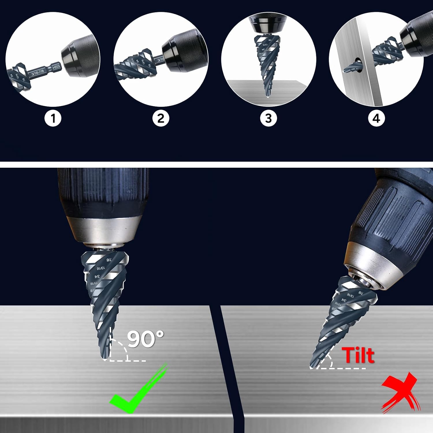 Four Spiral Flute Step Drill Bit Set, 3PCS 1/8"-7/8" (59 Sizes), High-Speed Steel Unibit Step Bits with 1/4" Hex Shank for Stainless Steel Metal Aluminum Wood Plastic thumbnail