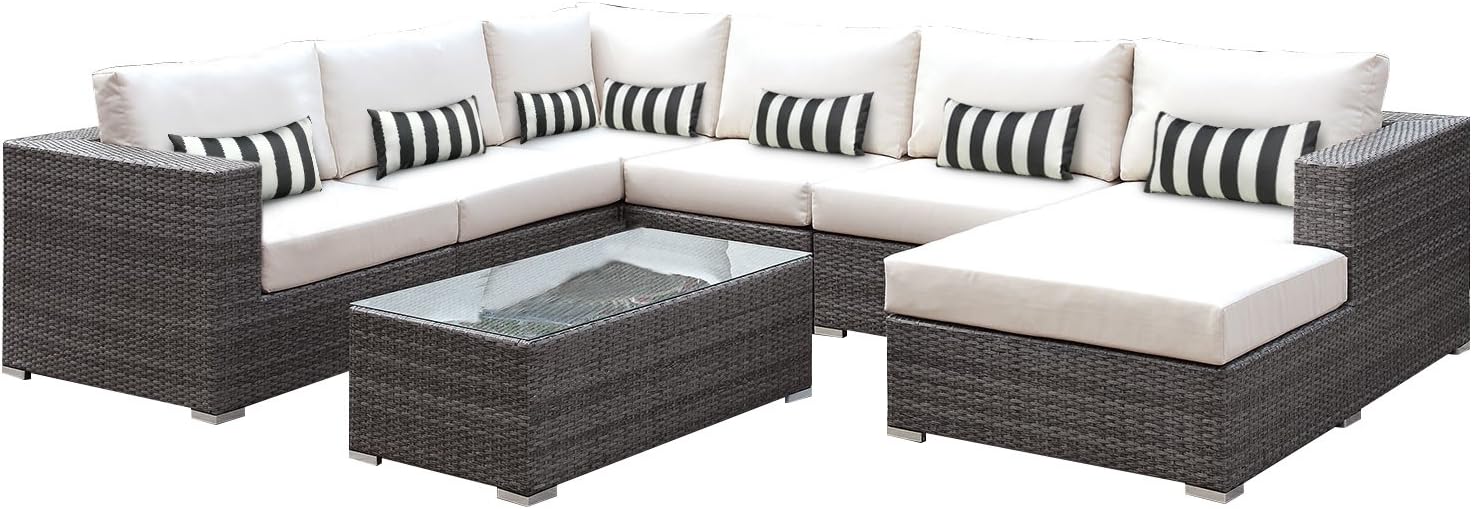 SOLIS Patio Lusso 7 Piece Deep Seated Modular Sectional Set, Grey Rattan/White Cushions, Black/White Stripe Toss Pillows, Grey/Silver/Cream