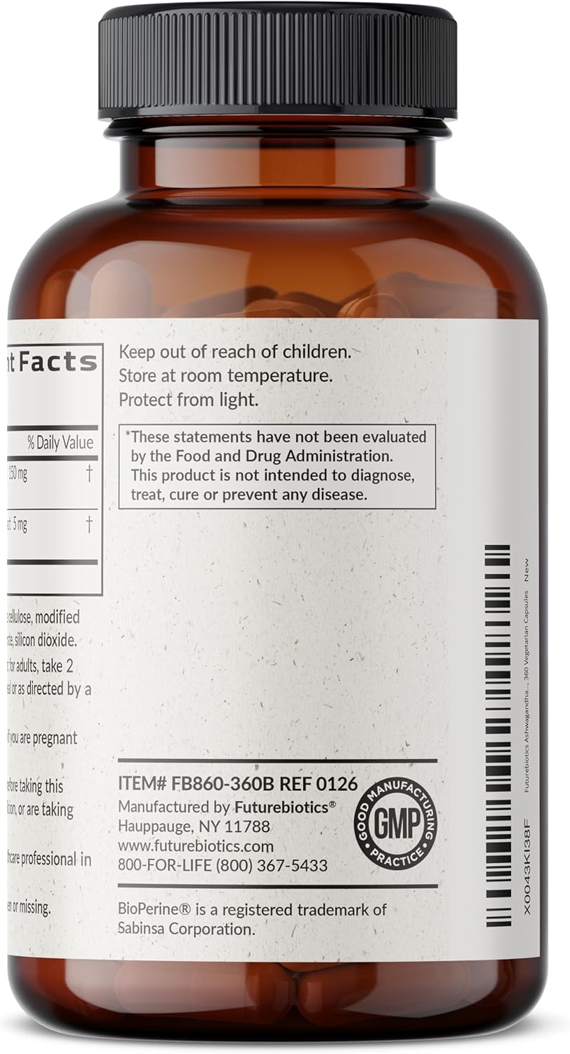 Futurebiotics Ashwagandha Extra Strength Stress & Mood Support with BioPerine - Non GMO Formula, 360 Vegetarian Capsules - Image 7