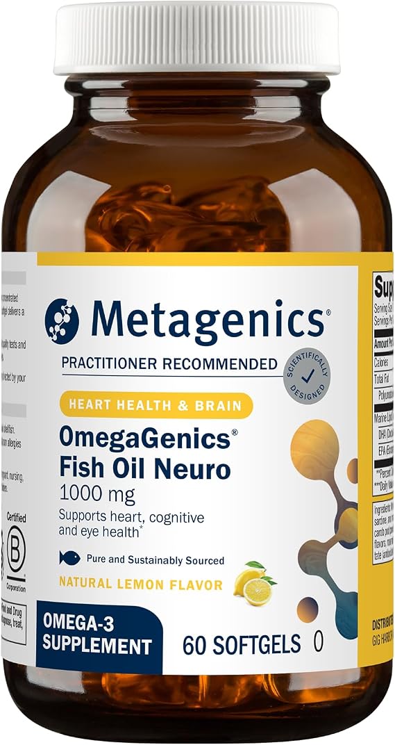 Metagenics OmegaGenics Fish Oil Neuro 1000 mg Omega Supplement for Brain Health & Function* - 750 mg DHA & 250 mg EPA - with No Fishy Taste - Sustainably Sourced - Non-GMO & Gluten-Free - 60 Softgels