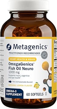 Metagenics OmegaGenics Fish Oil Neuro 1000 mg Omega Supplement for Brain Health & Function* - 750 mg DHA & 250 mg EPA - with No Fishy Taste - Sustainably Sourced - Non-GMO & Gluten-Free - 60 Softgels