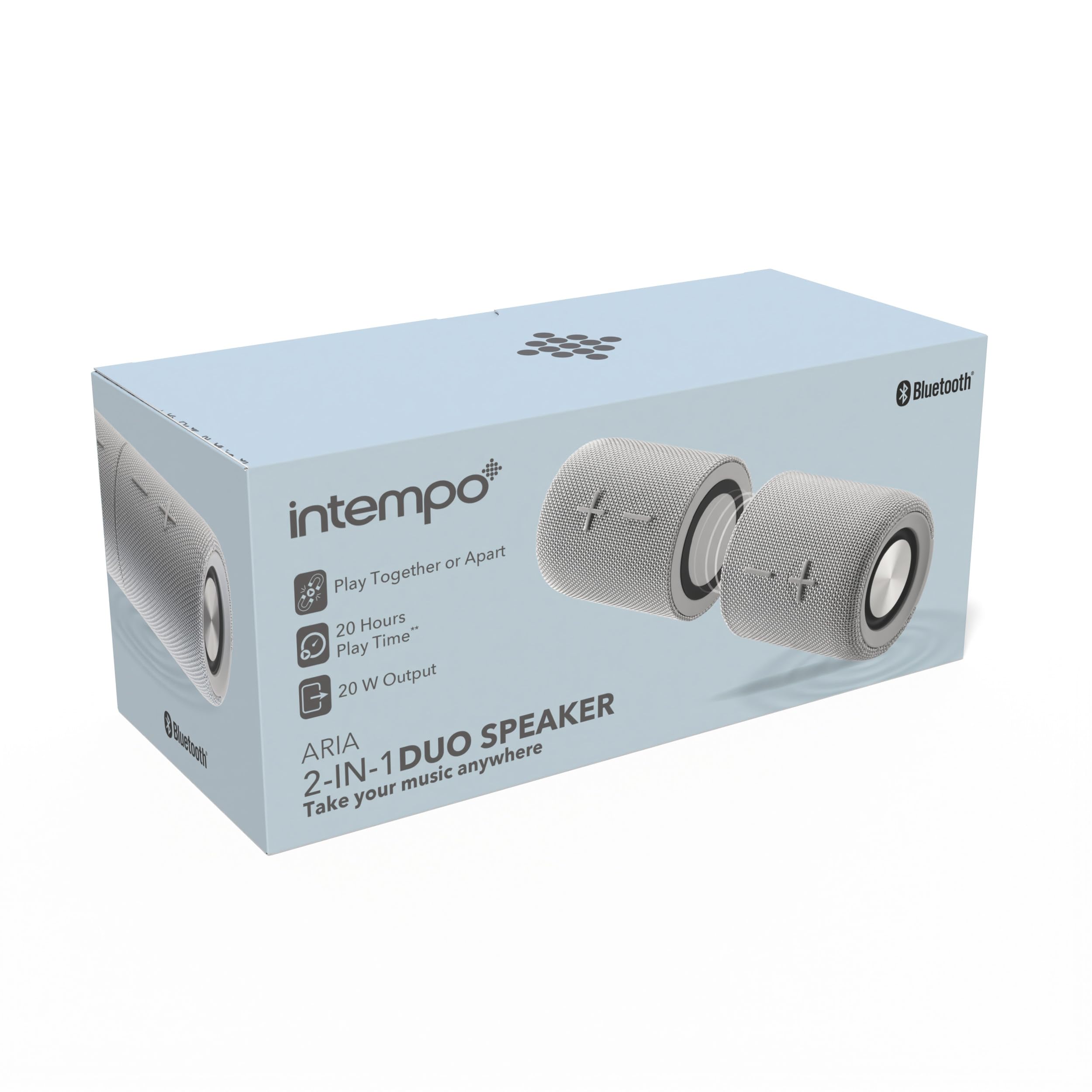 Intempo Aria Duo Głośnik Bezprzewodowy – Magnetyczne Głośniki Bluetooth 6.0 20 W, Tryb TWS, Dźwięk Stereo HD, Akumulator, Uchwyt, Wodoodporność IPX4, USB‑C, Szary