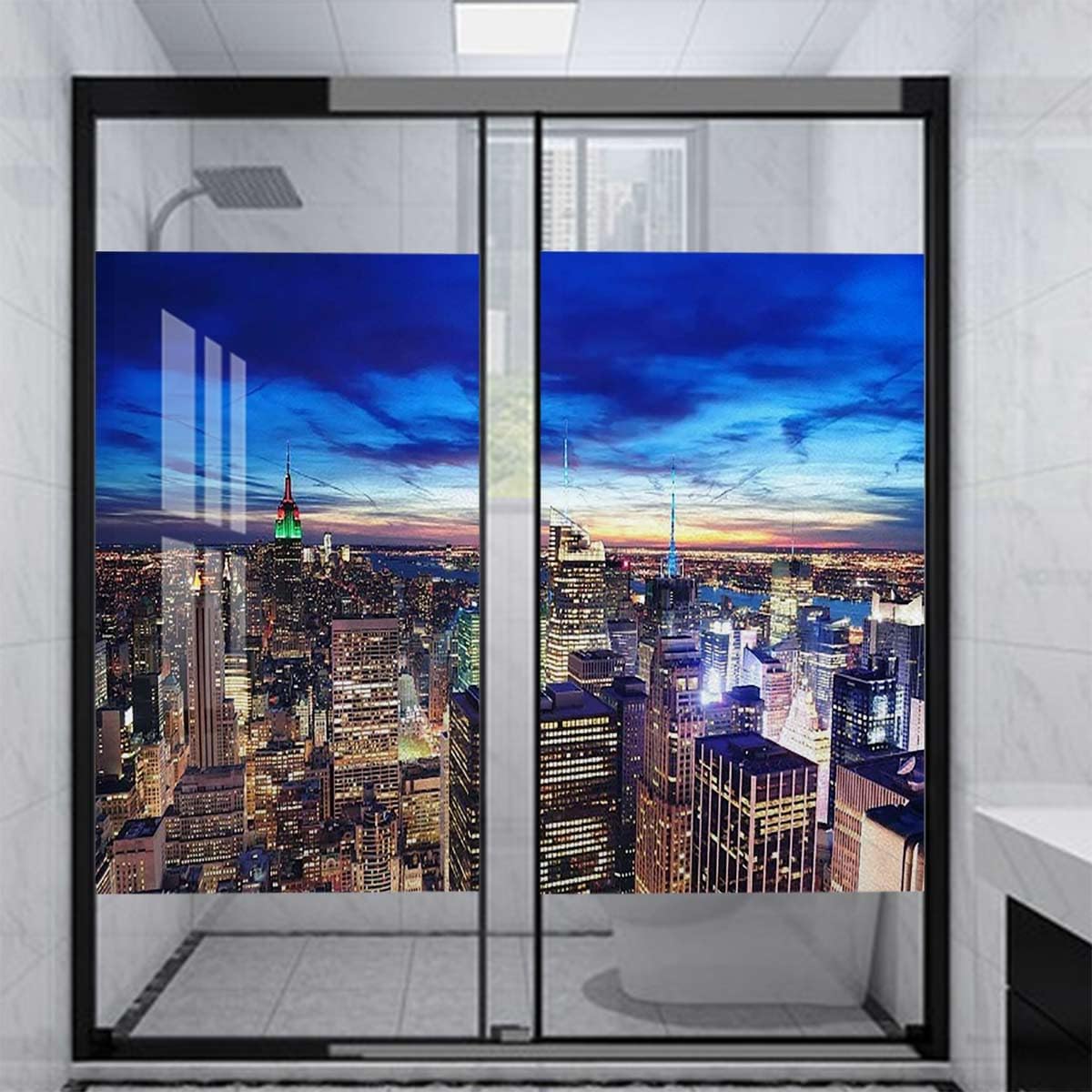 Navy Blue Gray Window Film,Privacy Window Film,Frosted Decorative Window Covering No Glue Window Decals Window Stickers for Living Room Bathroom New York City Empire State 31.5Wx55.1L-inch x2 Pcs
