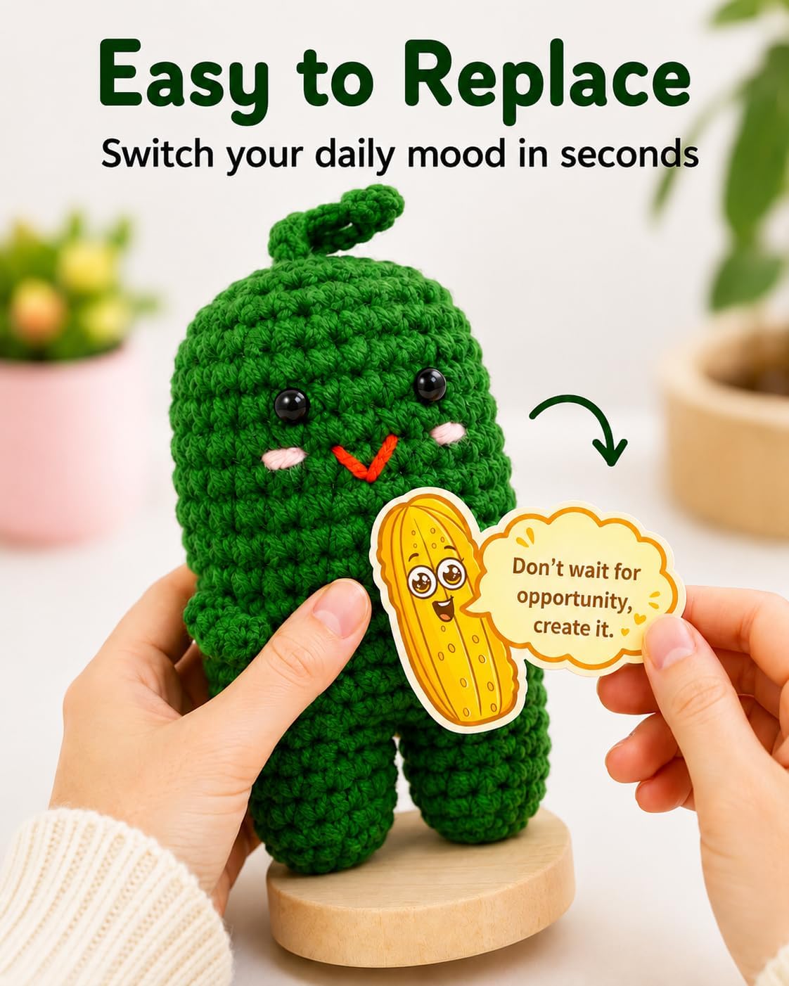 Emotional Support Pickle Plush, Positive Pickle Crochet Gift with Stand image 2