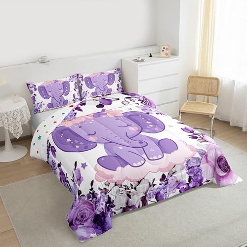 Miniatura 4 de Juego de edredón de elefante lindo para niños, ropa de cama de estrellas moradas, tamaño matrimonial, edredón y juegos de ropa de cama de animales
