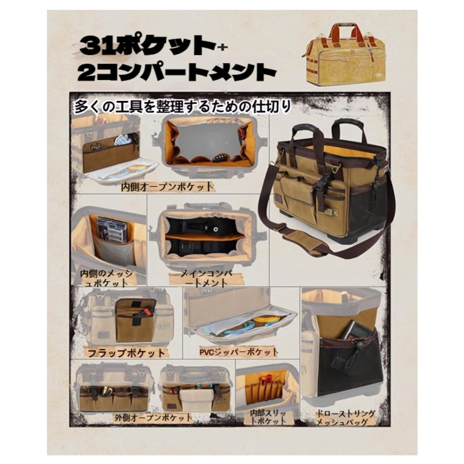 Amazon.co.jp: OXIZER ツールバッグ、ヴィンテージワックスキャンバス