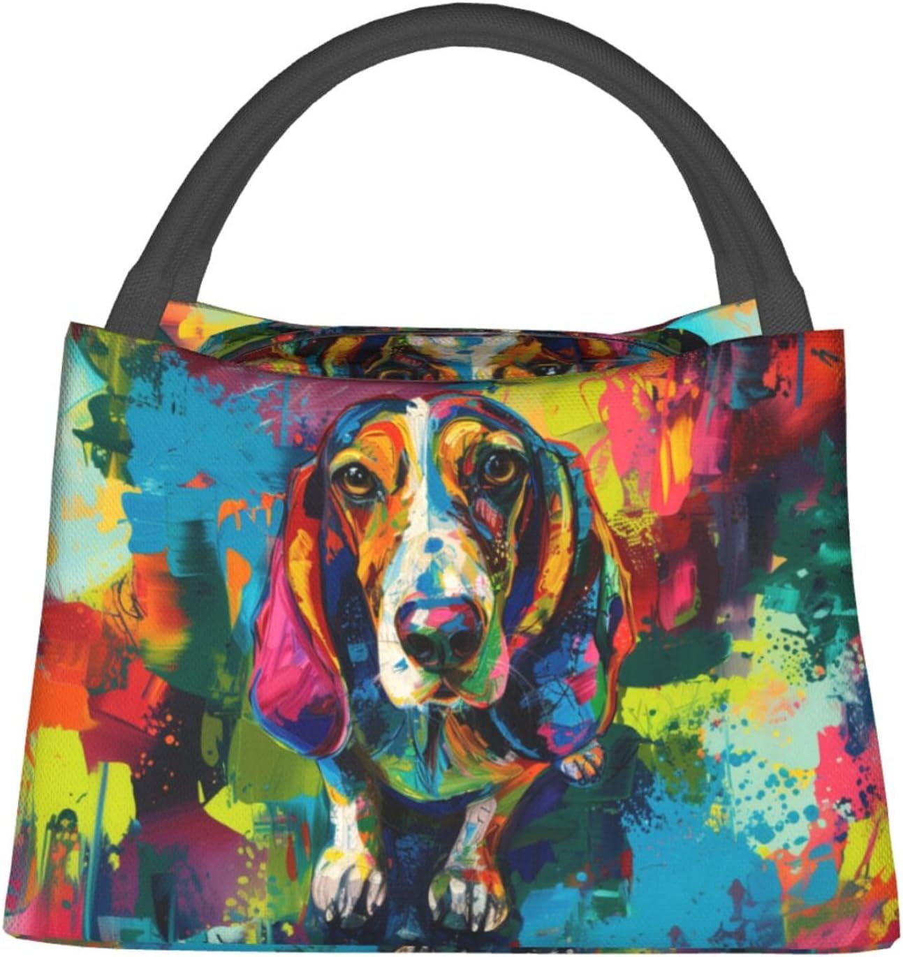 Abstract Basset Hound Polyester Insulated Lunch Box,Colorful Dog Lunchbag for Work Picnic Travel,Makeup Bag,Reusable Cooler Bags Gifts for Art Puppy Lovers Boys Teens,11in x 6.3in x 6.7in