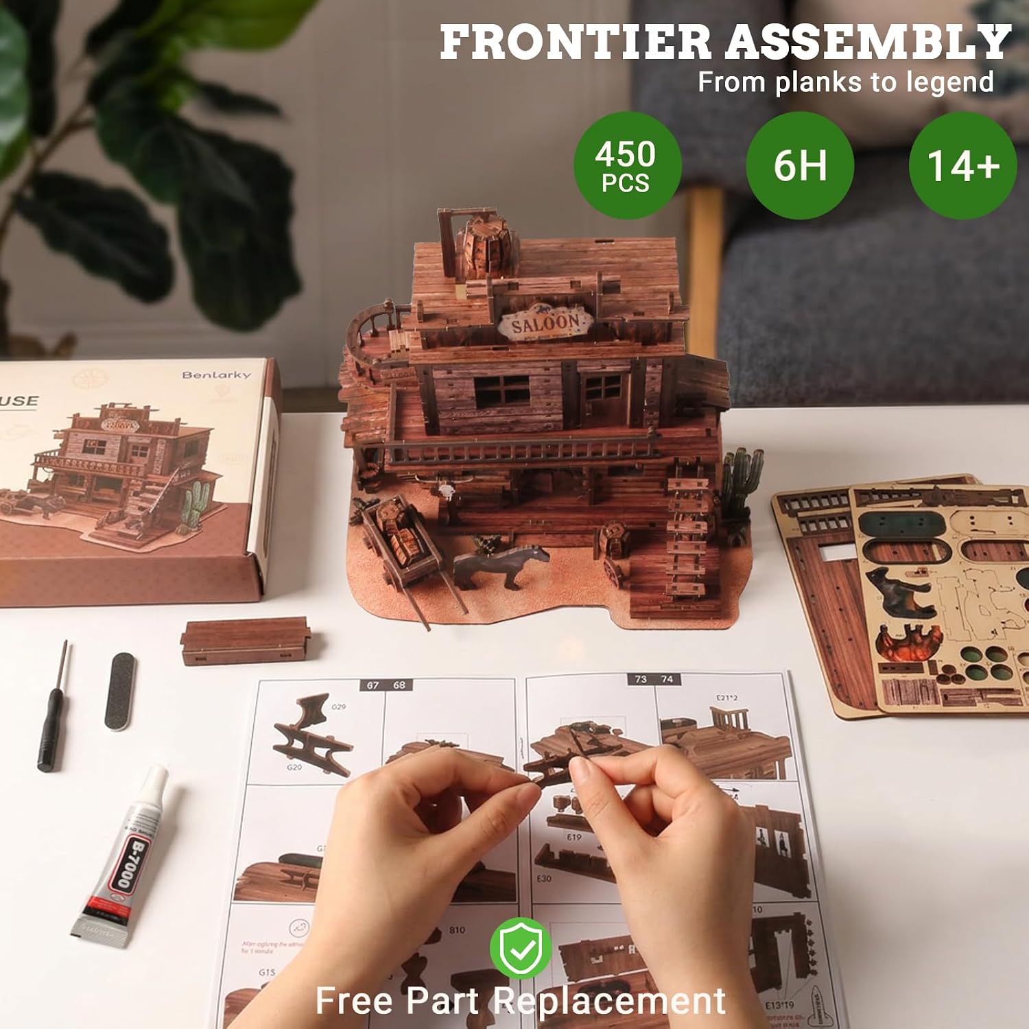 3D Puzzles for Adults Western Saloon Book Nook Miniature House Kit | 450 PCS Wooden Puzzles DIY Bookshelf Decor, Wild West Model Building Crafts for Adults, Gift for Friends Family