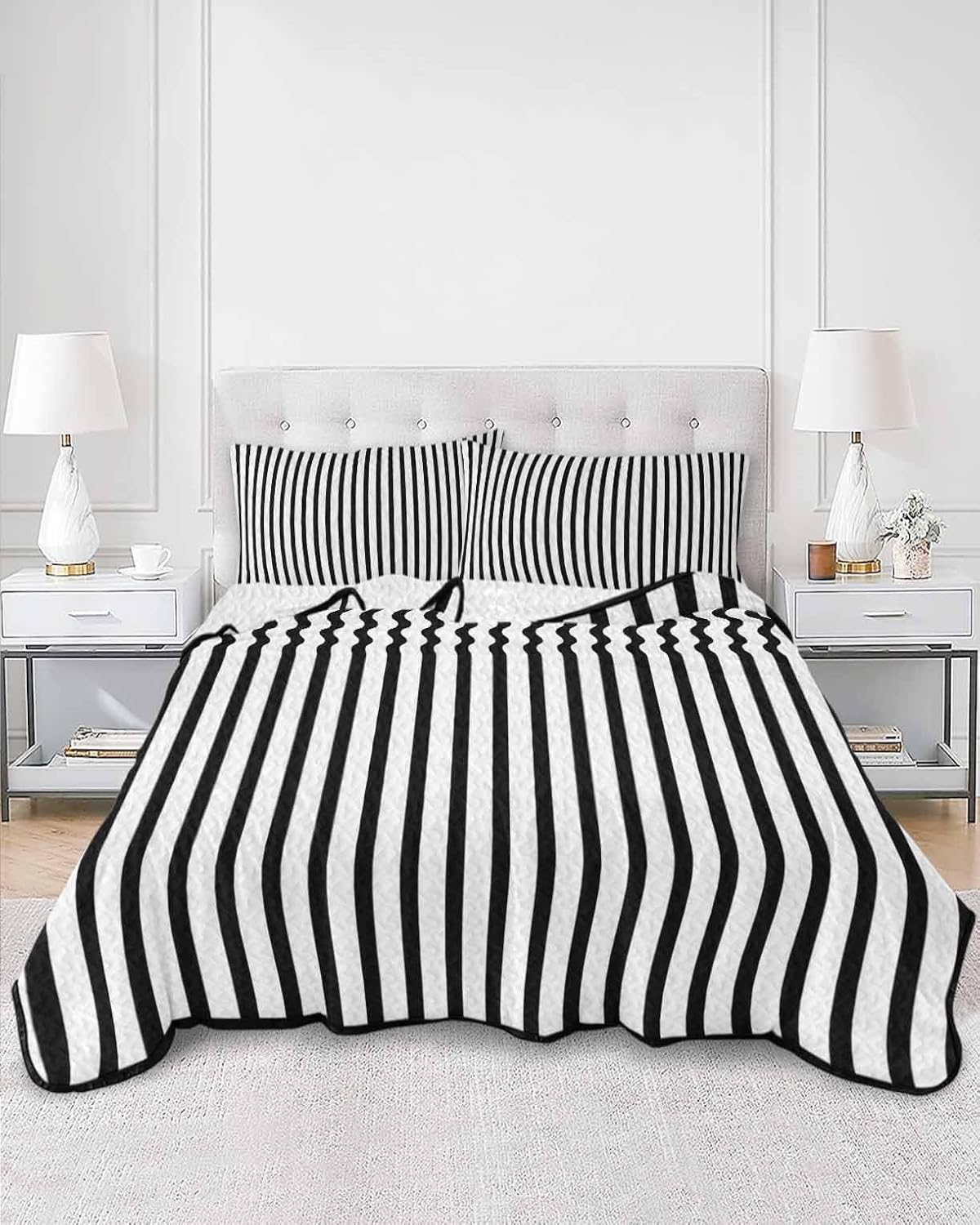 King Size Quilt Set, Modern Black White Stripe Lightweight Bedspread Coverlet Set Soft Microfiber Summer Quilt with 2 Pillow Shams, Geometric Line Minimalist Style 3 Piece Comforter Bedding Set