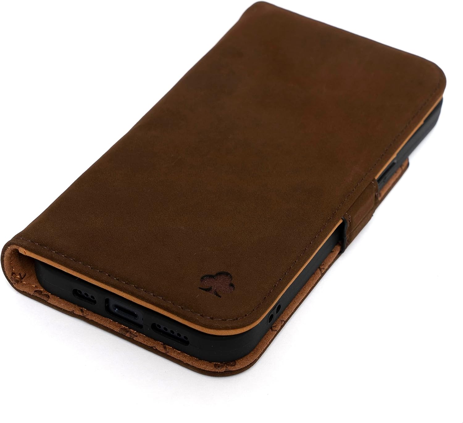 Porter Riley - Leather Case Compatible with iPhone 16 Pro Max. Premium Genuine Nubuck Leather Book/Wallet/Book Case with Card Slots and Horizontal Stand (Brown, Tan)