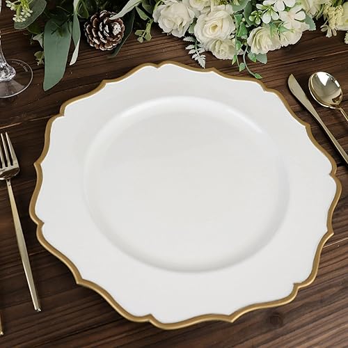 Efavormart - Paquete de 6 platos de plástico con borde festoneado redondo de 13 pulgadas, color blanco y dorado, decoración de vajilla de mesa