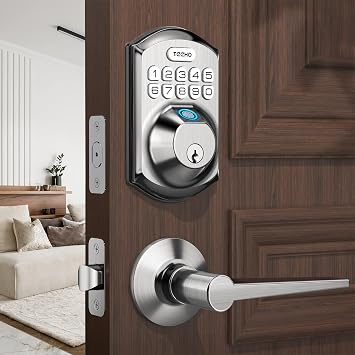 TEEHO Fingerprint Door Lock with 2 Lever Handles Keyless Entry Door Lock with Handle Electronic Keypad Deadbolt Front Door Lock Set Auto Lock and 1 Touch Lock Satin Nickel