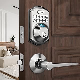 TEEHO TE002L Fingerprint Door Lock with 2 Lever Handles, Keyless Entry Deadbolt with Handle Set, Electronic Keypad Deadbolt for Front Door, Auto Lock and 1 Touch Locking, Satin Nickel