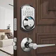 TEEHO TE002L Fingerprint Door Lock with 2 Lever Handles, Keyless Entry Deadbolt with Handle Set, Electronic Keypad Deadbolt for Front Door, Auto Lock and 1 Touch Locking, Satin Nickel
