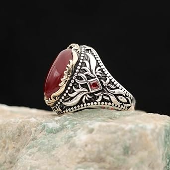Aqeeq Ring Men, Red Stone Ring For Men, Silver Ring With Stone For Men, 925 Silver Ring For Men, Turkish Silver Ring, Agate Aqeeq Men Ring