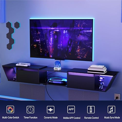 Miniatura 7 de HOOBRO Soporte flotante para TV con toma de corriente, centro de entretenimiento flotante de 63 pulgadas con luz LED, estante moderno de madera para