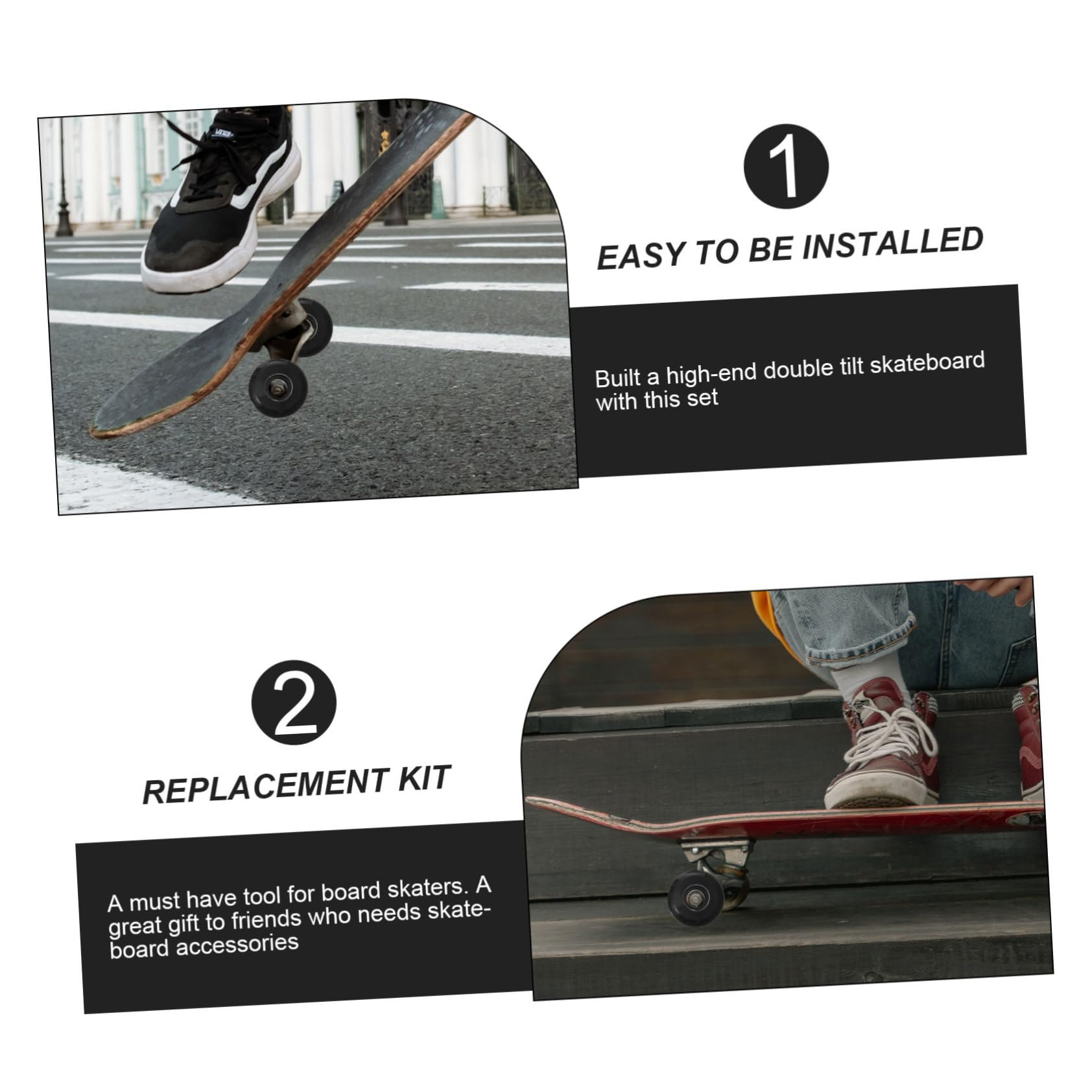 SUPVOX Kit Completo de Accesorios para Patineta Doble Inclinación Ejes de Aluminio Negro, Ruedas de PU y Rodamientos Profesionales para Ajuste y Reparación en Patinetas Varios Estilos