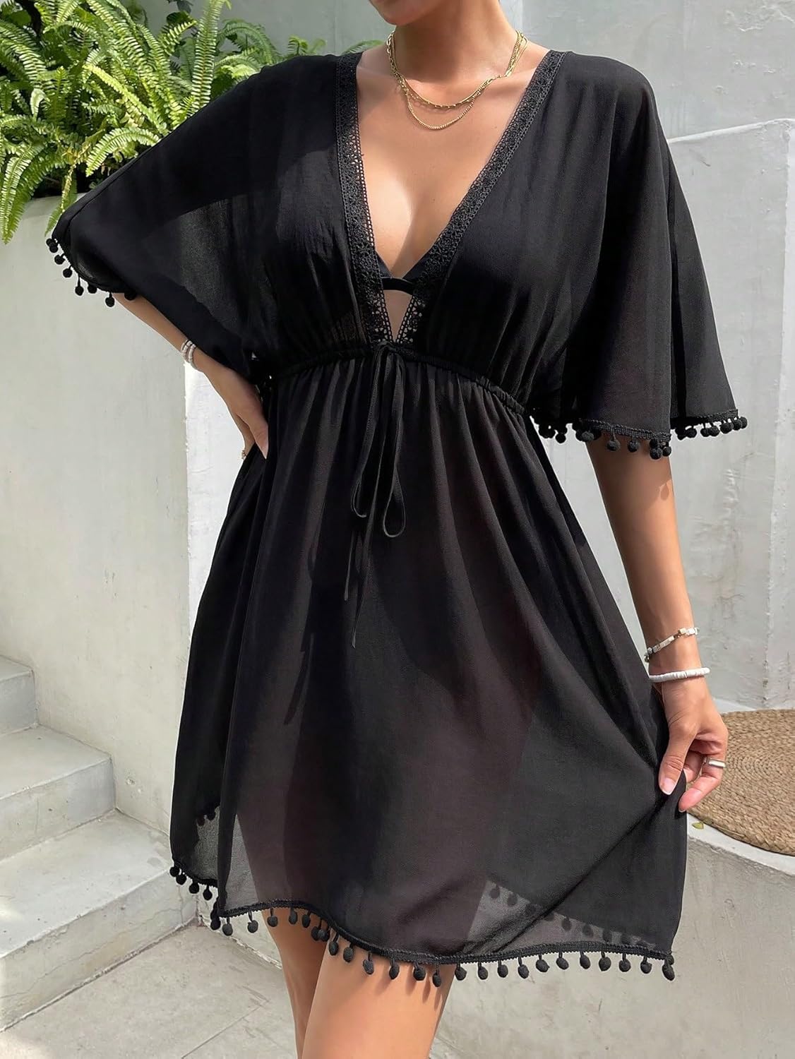 swimsuit coverup for women Sleeve Trim Tie Front Cover Up Swimsuit Cover Up Dress