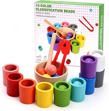 10 PCS Rainbow Balls in Cups, Mini Wood Classification Cup Game, Rainbow Sorting Balls with Spoon and Tongs, Preschool Learning Educational Montessori Matching Games for 3+ Year Old