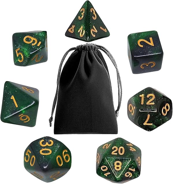 Polyhedral RPG Dice, 7PCS Polyhedral DND Dice Set with Dice Bags for Dungeon and Dragons D&D MTG Role Playing Card Table Games (Starry Black Green)