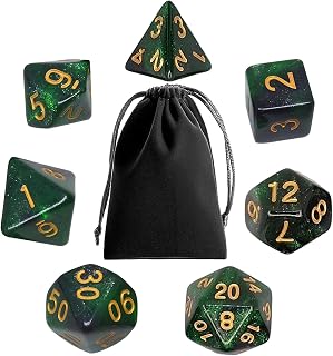Polyhedral RPG Dice, 7PCS Polyhedral DND Dice Set with Dice Bags for Dungeon and Dragons D&D MTG Role Playing Card Table Games (Starry Black Green)