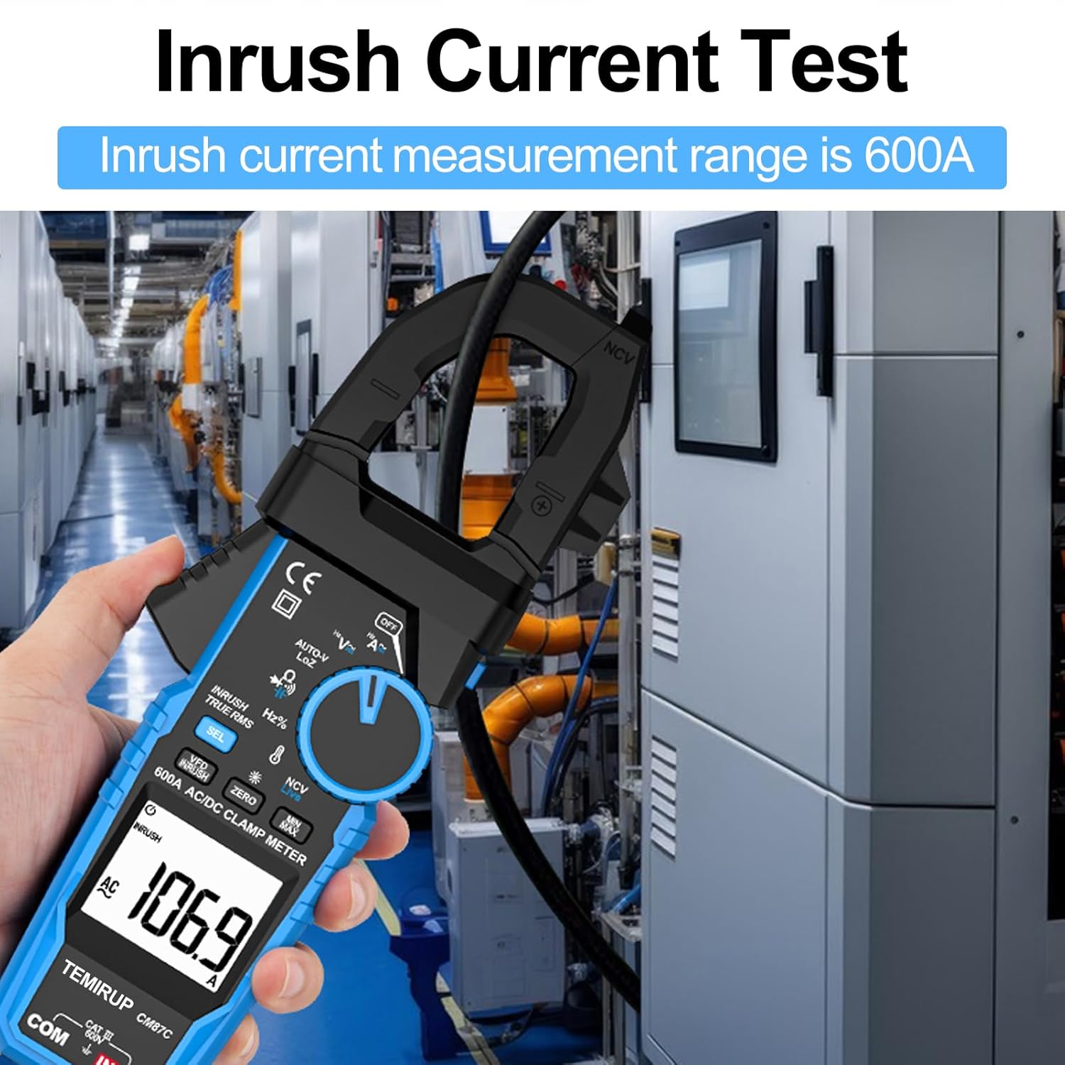 Digital Inrush Clamp Meter Multimeter, TEMIRUP T-RMS 6000 Counts 600A Current Amp Volt Meter with VFD,LOZ Mode; Measures NCV AC/DC Current Voltage Temperature Resistance Capacitance Continuity