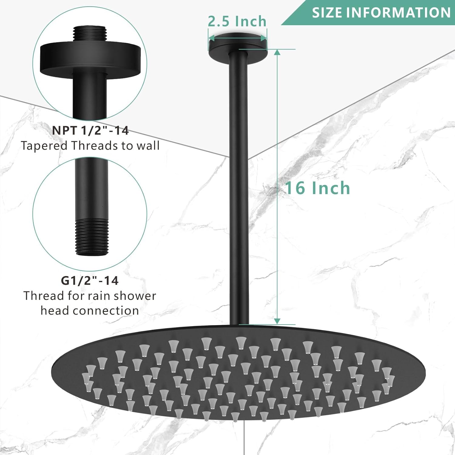 Voolan Shower Arm with Flange, Ceiling Mounted Fixed Shower Pipe, Bathroom Straight Rain Shower Replacement Arm, Universal Connection 1/2 NPT (16 Inch, Matte Black)