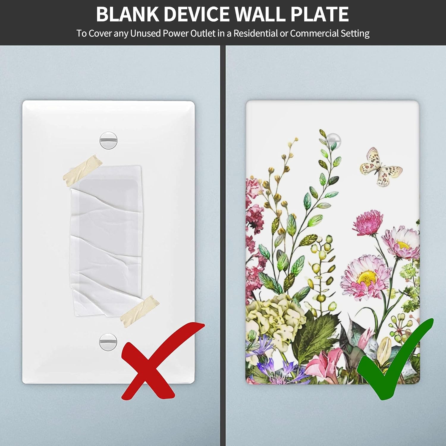 Colorful Flower Wall Plate Single Blank 1 Gang No Device Blank Wallplate Decorative Butterfly Floral Outlet Cover Switch Plates, 4.50 x 2.76 Inch