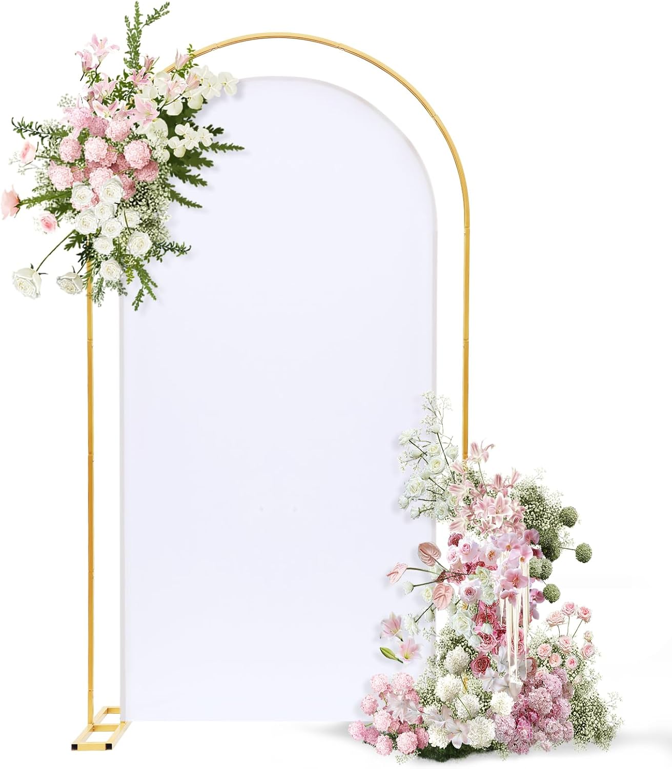 Metal Arch Backdrop Stand and Cover Set, 7.2ft Double U-Shaped Wedding Metal Arch Frame with 6.6FT White Cover, Double Backdrop Stand for Wedding Baby Shower Birthday Graduation Party Photo Backdrops