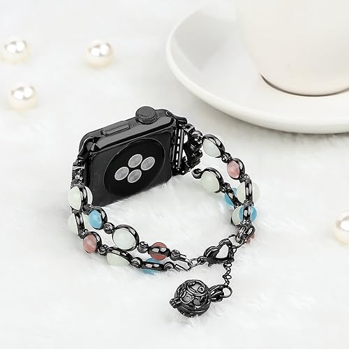 Miniatura 6 de TILON Para Apple Watch Band 38401.614 in 42441.772 in Series 7 6 5 4 3 2 1 y SE, pulsera ajustable hecha a mano con perlas luminosas de noche para
