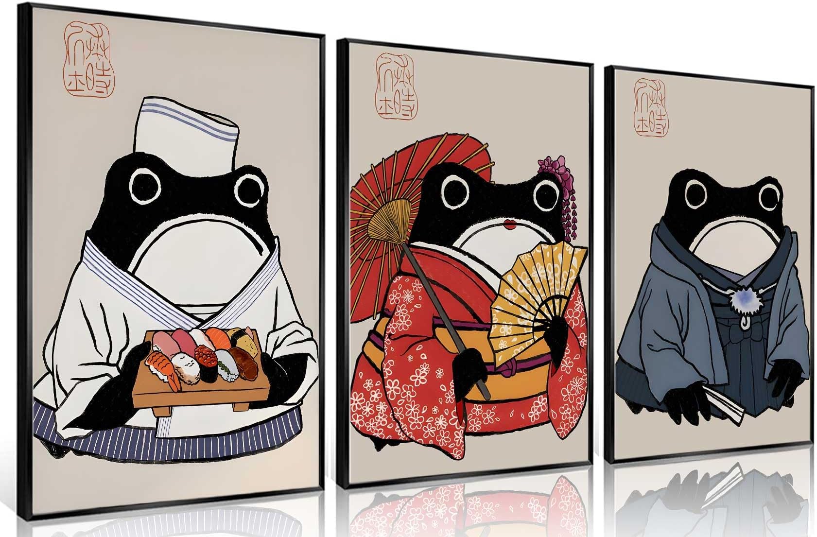 3Pcs Vintage Japanese Frog Canvas Wall Art Japanese Matsumoto Hoji Posters Prints Cute Funny Frog Paintings Wall Decor Pictures Wabi Sabi Home Decoration, Unframed