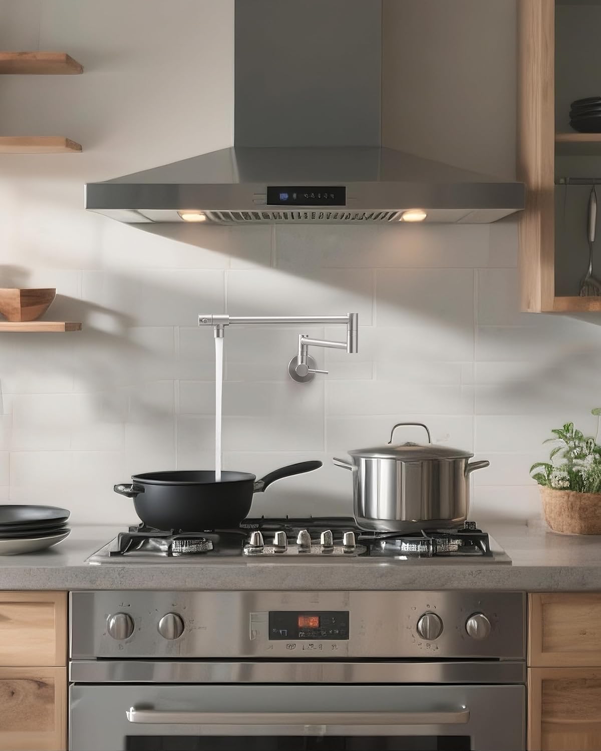 Fransiton Brushed Nickel Pot Filler, Pot Filler Faucet Wall Mount, Brass Folding Stretchable with Double Joint Swing Arm Single Hole Two Handles Kitchen Restaurant - Image 2