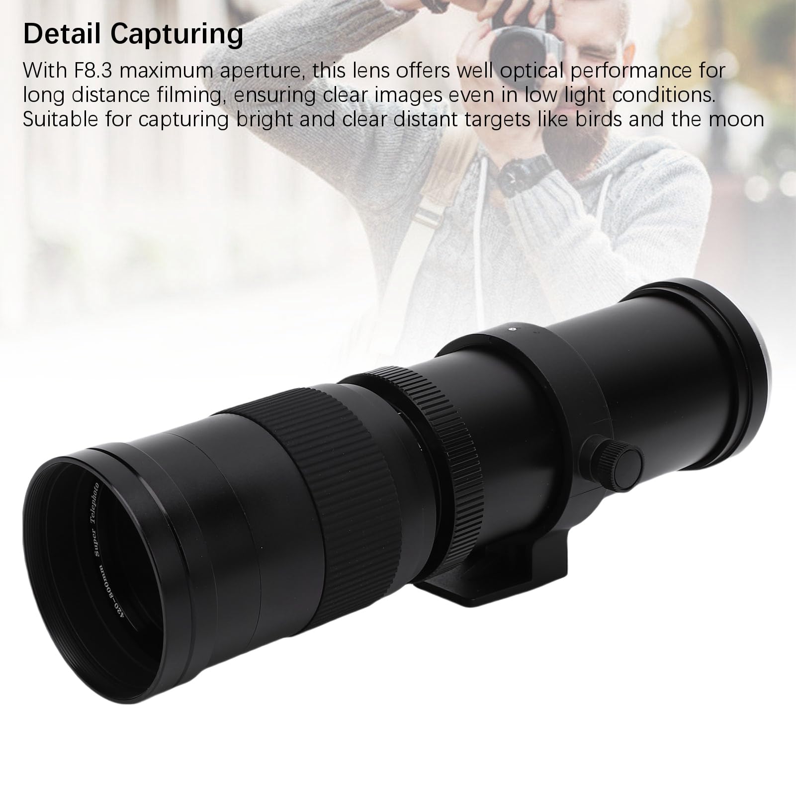 Lazmin112 420-800mm F8.3 Obiettivo Teleobiettivo Zoom, Per Attacco F Fotocamera Reflex, Messa a Fuoco Manuale, Angolo Di Visione 6°, Vetro Ottico, Rivestimento Multistrato Mc Coate (Nero)