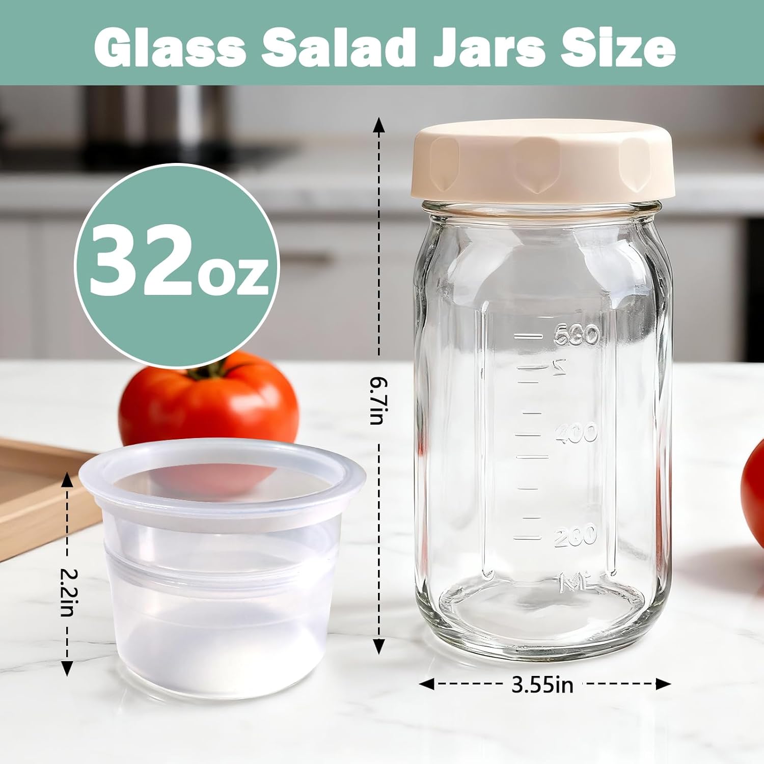 32 Oz Glass Salad Jars, 4 Pack Mason Jars with 2 Built-in Dressing Containers, Leak-proof Meal Prep Salad Cups,Food Storage Glass Mason Jars for Oatmeal Jams Fruit