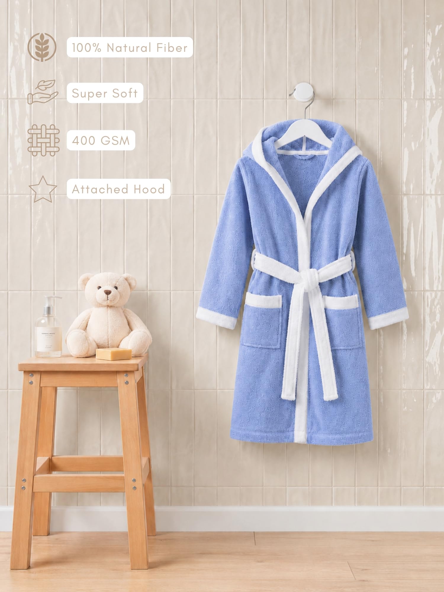 RANGOLI Noble 100% Cotton Terry Kids Bathrobe, 400 GSM, Ultra Soft Plush Hooded Bathrobe for Girls with 2 Pockets and Attached Adjustable Belt | Gown Bathrobe for kids Girls 13-14 Years, Blue 4