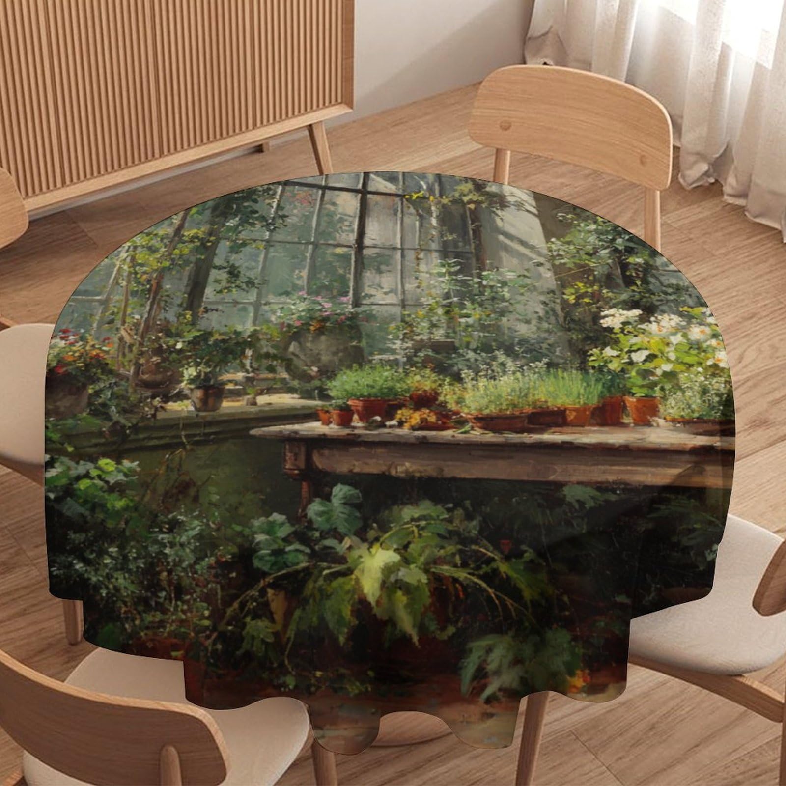 LUYYSKY Colorful Classic Green Leaves Waterproof Round Tablecloth Beautiful Modern Botanical Flowers Greenhouse Print Washable Table Cover for Kitchen-127 Wx127 L cm