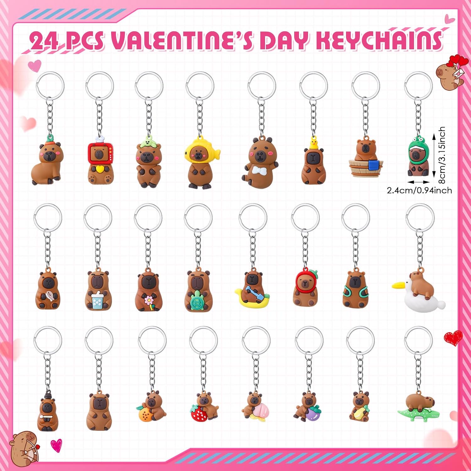 Huquary 24 Pack Capybara Valentines Cards for Class Capybara Valentine Exchange Gifts for Classmates School Classroom Include Keychains and Cards Bulk, Galentines Day Party Favors Goodie Bag Stuffers