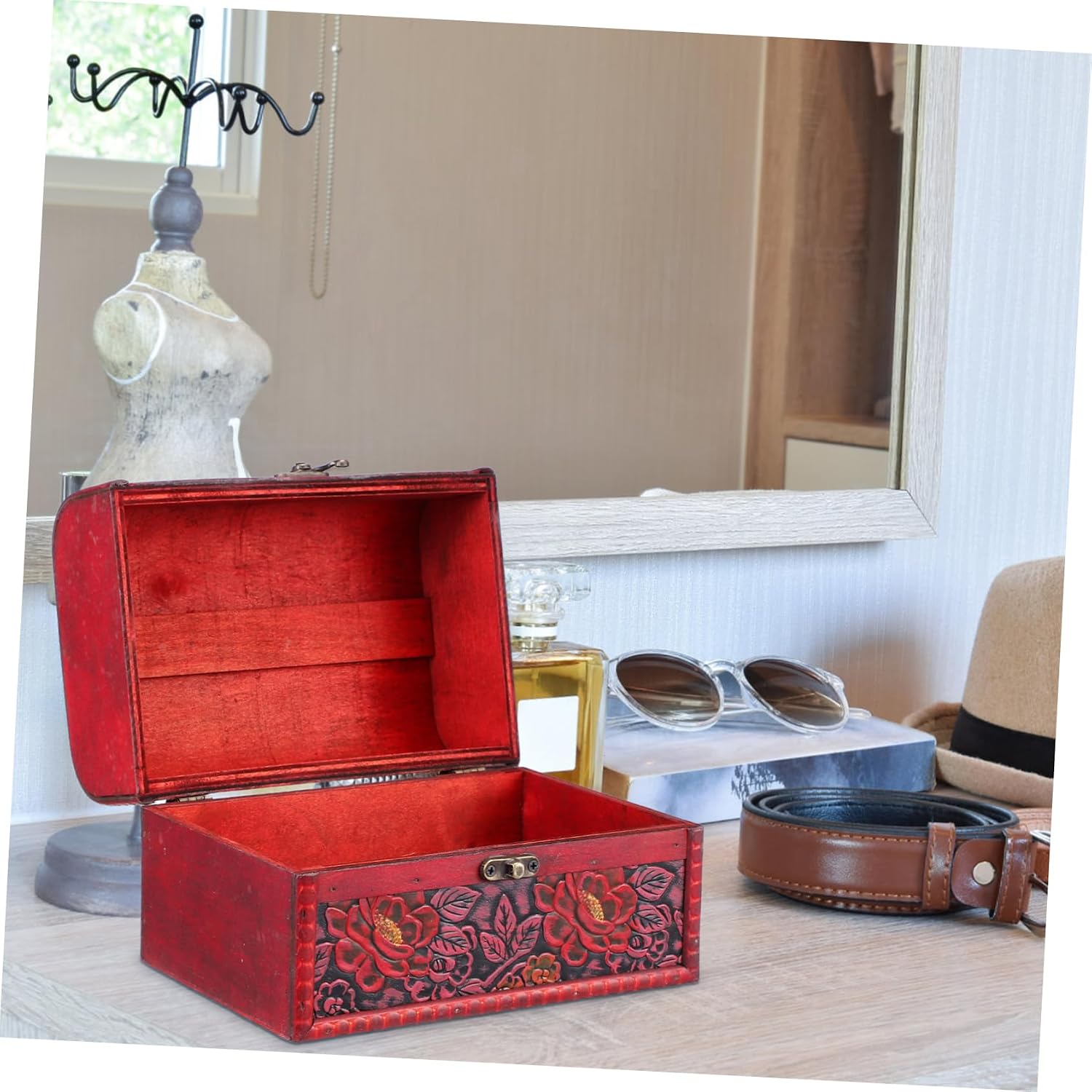 Holibanna Vintage Wooden Flower Pattern Jewelry Treasure Box Decorative Storage Organizer for Rings Bracelets Keepsakes Lidded Chest for Home Bedroom