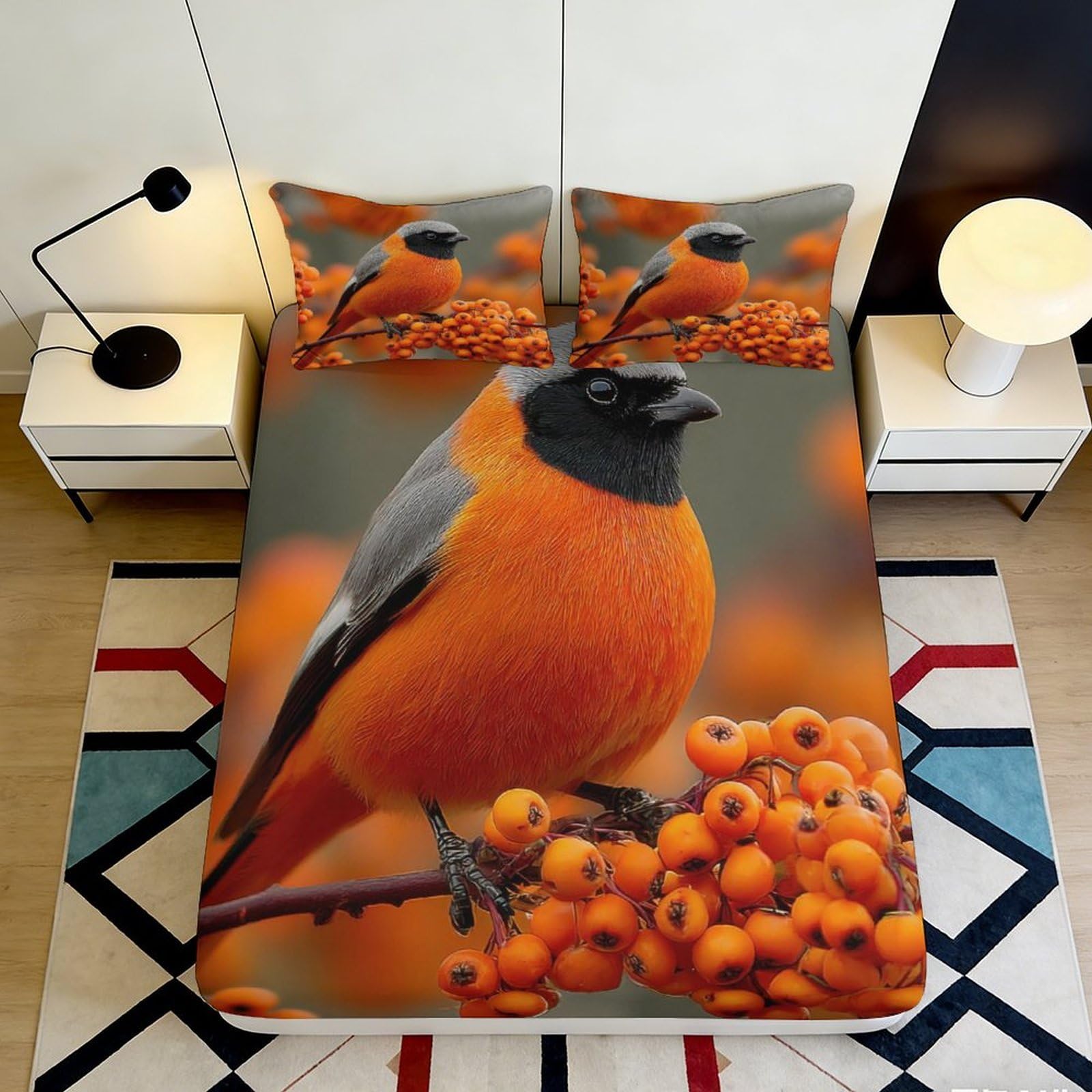 Jqzkxnhpbr Style-8 3D Printed Orange Bird Fitted Sheet Microfiber Soft Anti-Slip Berry Branch Bed Sheet For Bedroom Guestroom Decor 90X200x25cm