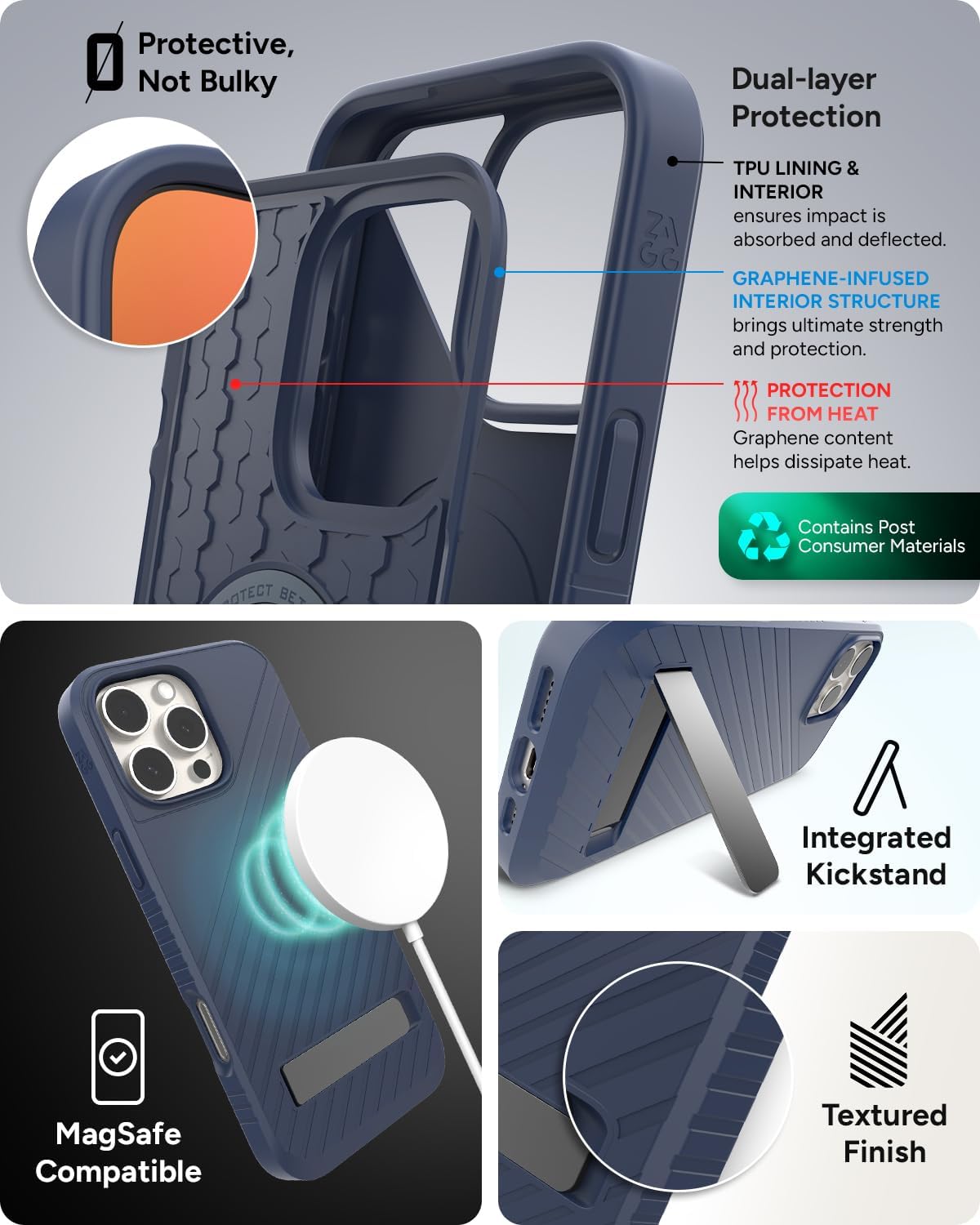 ZAGG Denali Snap with Kickstand Case for iPhone 16 Pro Max - 16ft Drop Protection, MagSafe Compatible, Graphene Reinforced, Dual Layer Protection, Recycled Materials, Navy Blue