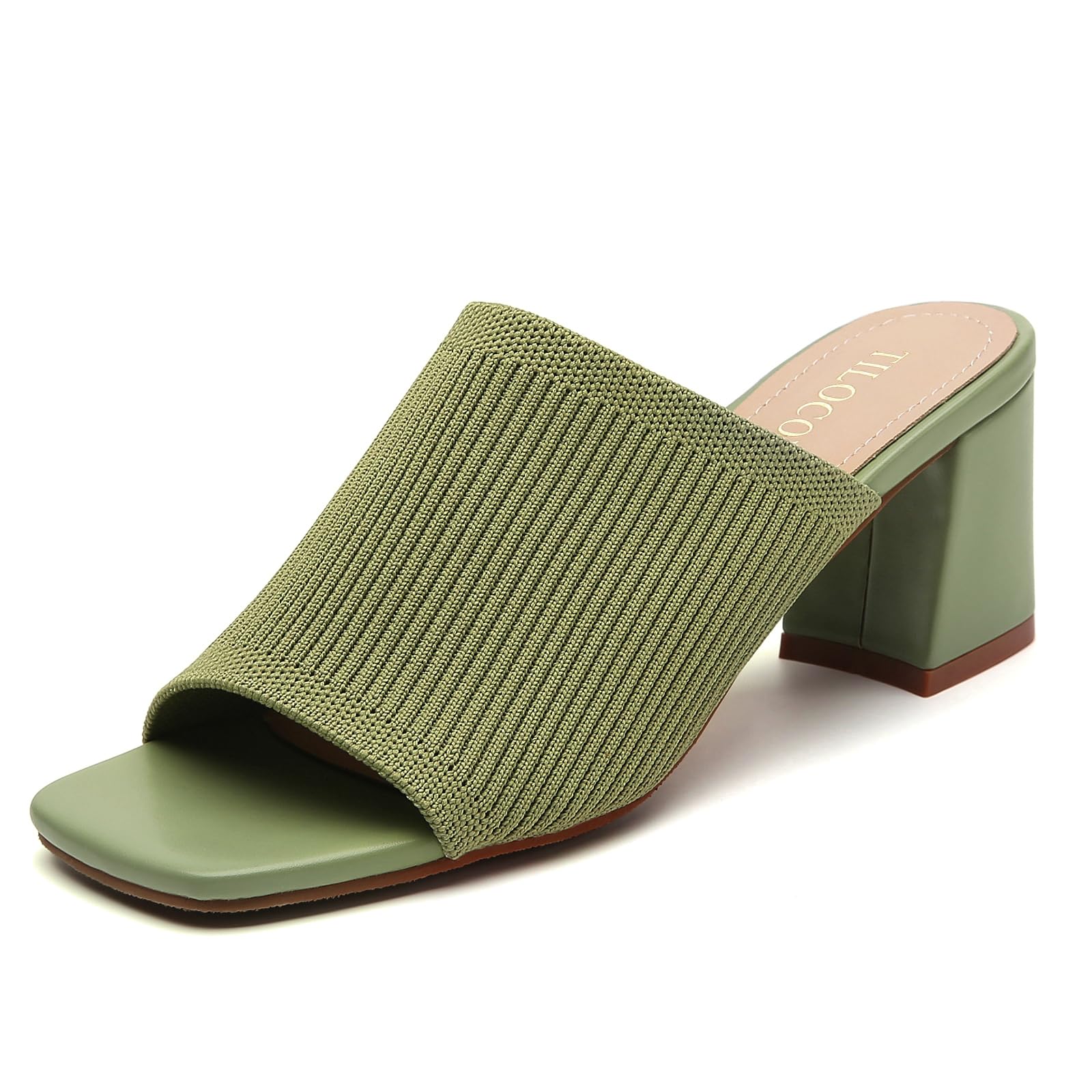 Tilocow Knit Heeled Sandals for Women, Square Open Toe Heels Sandals, Chunky Block Low Heel Slip On Mules
