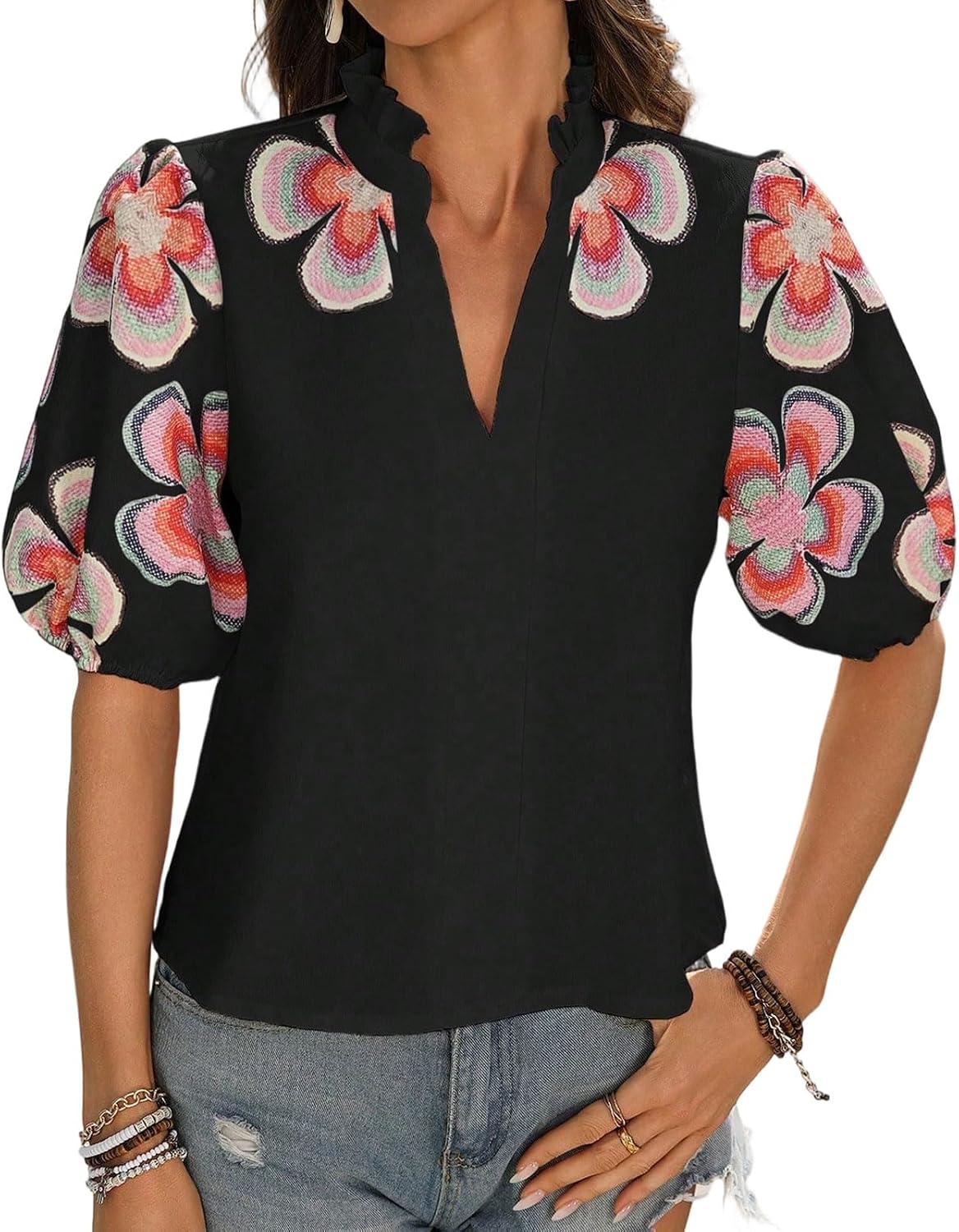 ' S Shirt with Floral Embroidery, Short Puff Sleeve, Loose Casual Belt Waist Waist Sleeves Black