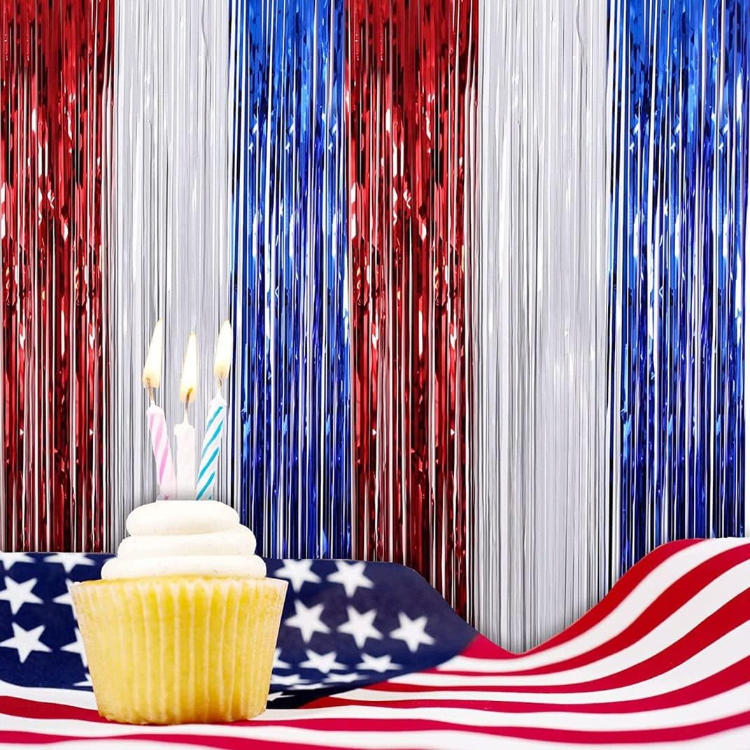 NIDONE 2Pcs Tinsel Curtain Backdrop, Red White Blue Glitter Metallic Tinsel Foil Fringe Curtains, Props Backdrop, Door Wall Decorations Party Supplies