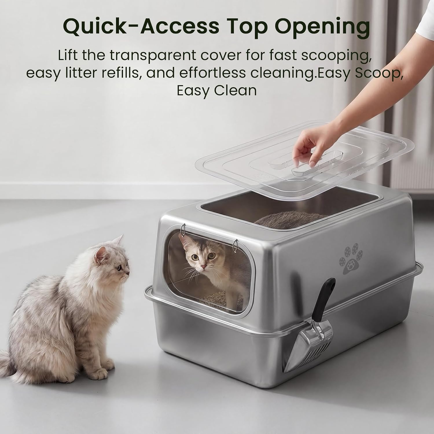 Ptlom Enclosed Stainless Steel Litter Box for Large Cats, Leak-Proof Metal Cat Toilet with Lid, Ventilated Top Opening Covered Cat Pan High Sided Walls, Scoop & Litter Mat, 20.8" x 13.0" x 13.1"