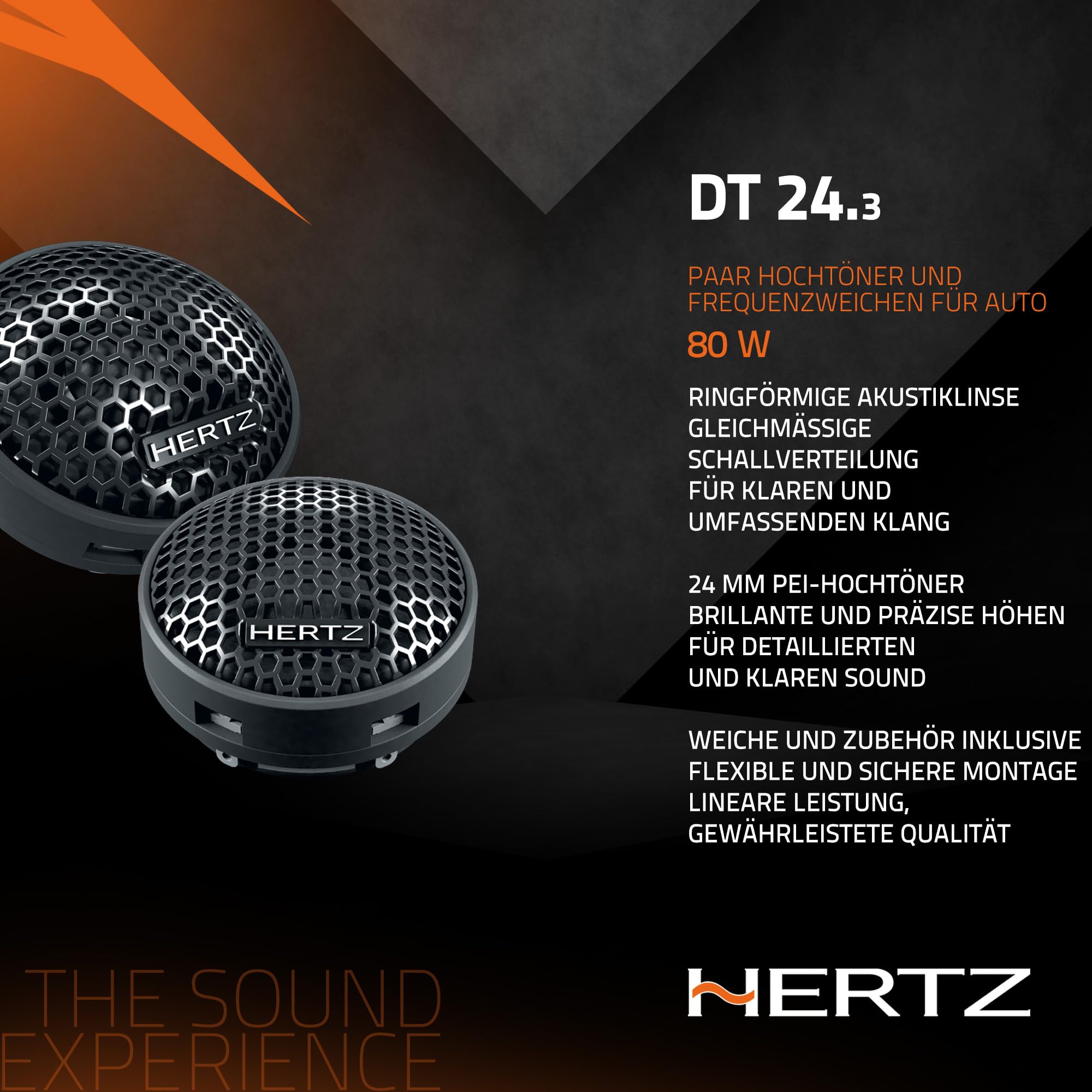 Hertz DT 24.3 – Paar 24 mm Hochtöner mit Neodym-Magnet und PEI-Kalotte, passiver Crossover inklusive, Brillante und präzise Wiedergabe, maximale Leistung 80W