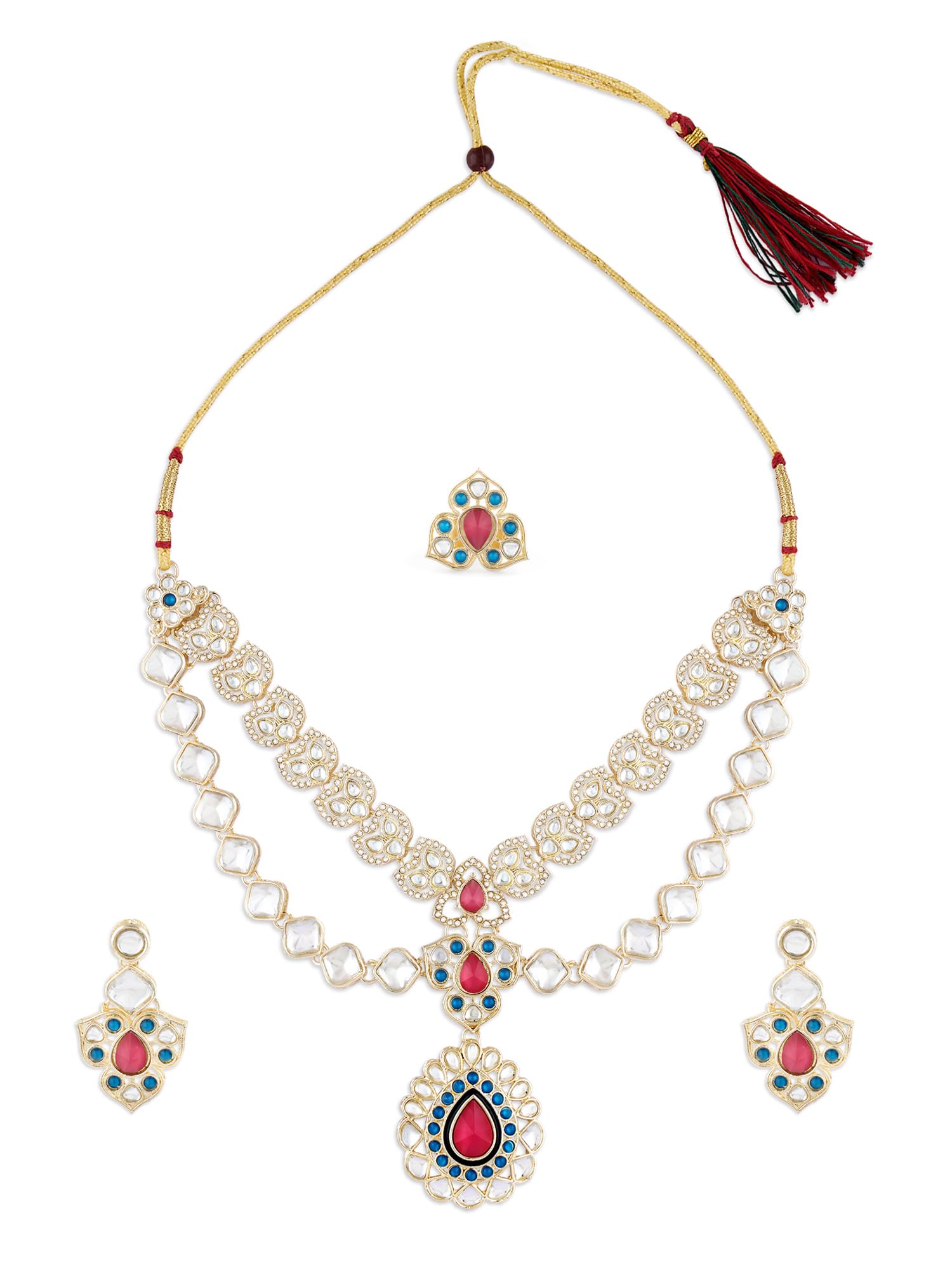 ZAVERI PEARLS Turquoise Blue Pink Stones Embellished Dazzling Layered Necklace Earring & Ring Set For Women-ZPFK17599 (B0CWV37ZRL) Amazon Price History, Amazon Price Tracker